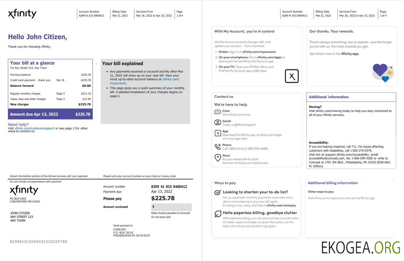 USA Philadelphia Xfinity utility bill Word and PDF template, 4 pages 1 2